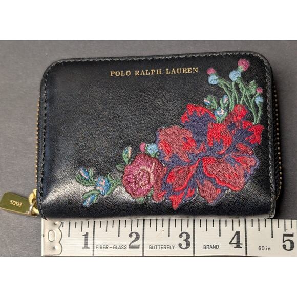 Polo Ralph Lauren Black Zip Around Wallet Beautiful Floral Embroidered Leather - Picture 5 of 7